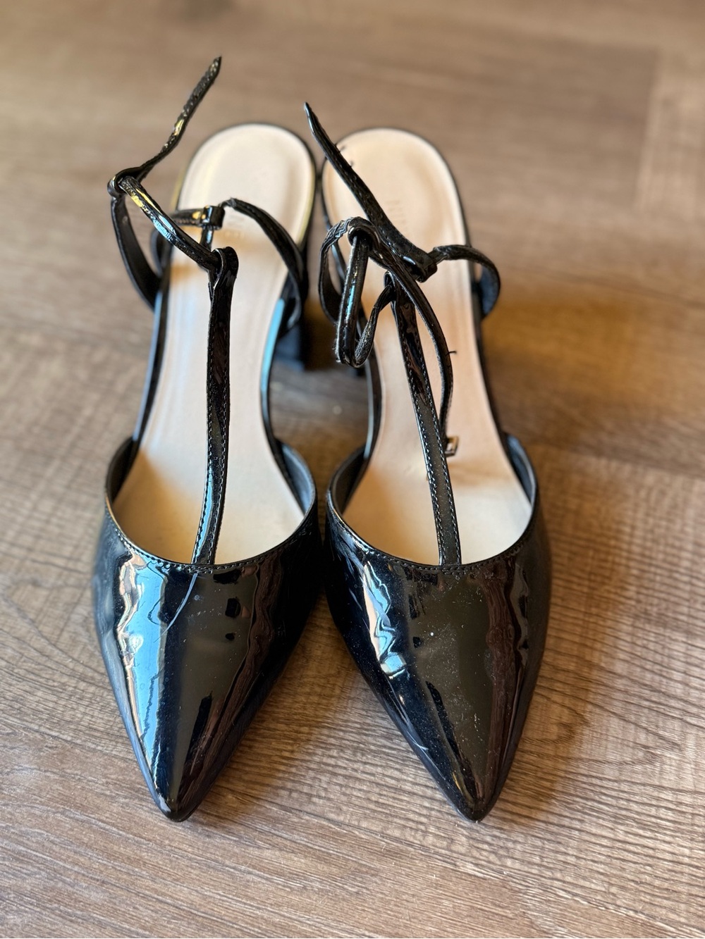 Nine West Black Patent Pointed-Toe Slingback Heels with Ankle Straps